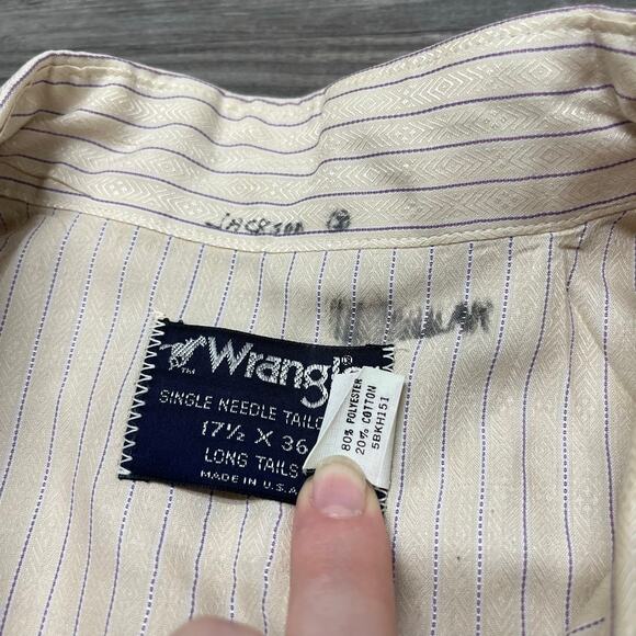 Vintage 70s 80s Wrangler Striped Mens 17.5-36 Long Tail Pearl Snap Western Shirt - Picture 5 of 11